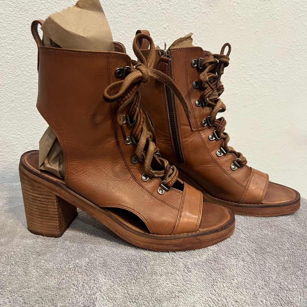 Vintage Foundry Co Leather Lace-Up Peep Toe Heeled Ankle Boots - Style: Odette